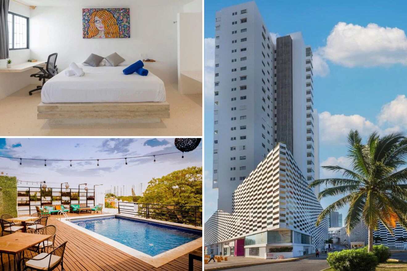 A collage of three hotel photos to stay in Cancun: A bedroom with a vibrant piece of art and an office area, a rooftop pool with string lights and a city view, and an angular modern hotel building with a distinct architectural pattern