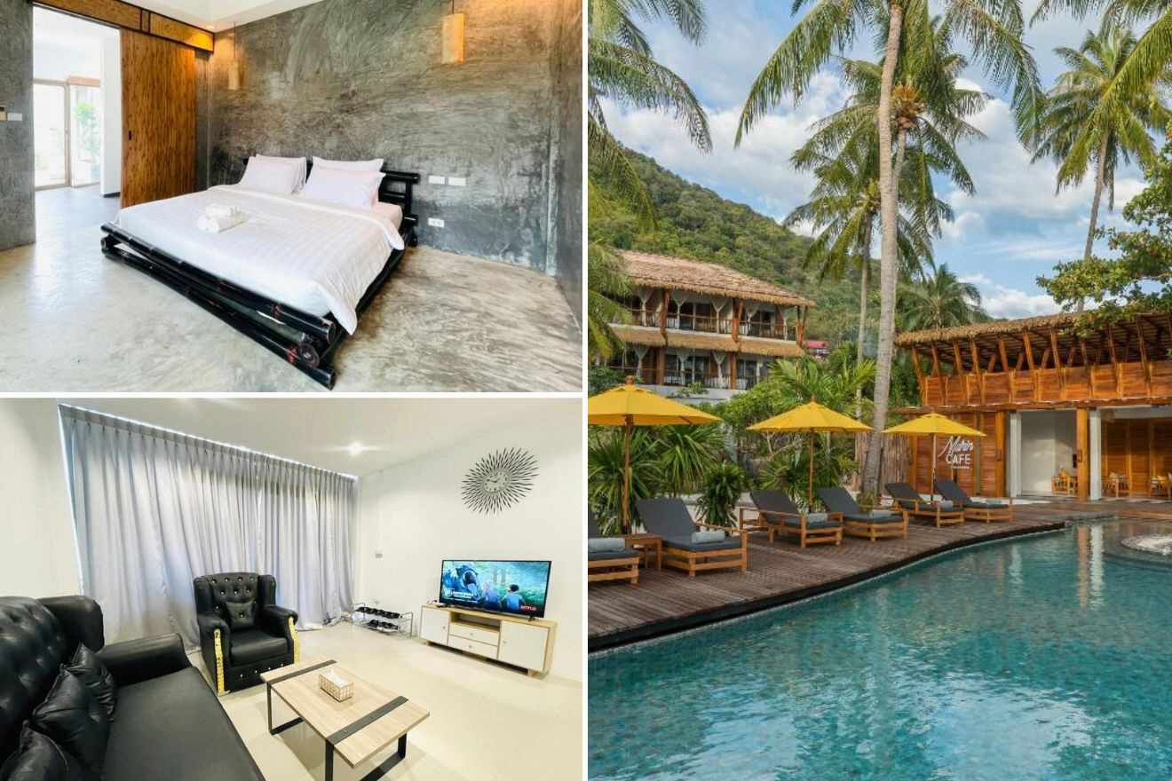A collage of three hotel photos to stay in Haad Rin, Koh Phangan: a minimalist bedroom with concrete aesthetics, a beachside resort with umbrella-shaded loungers, and a spacious living room with modern decor and a flat-screen TV.