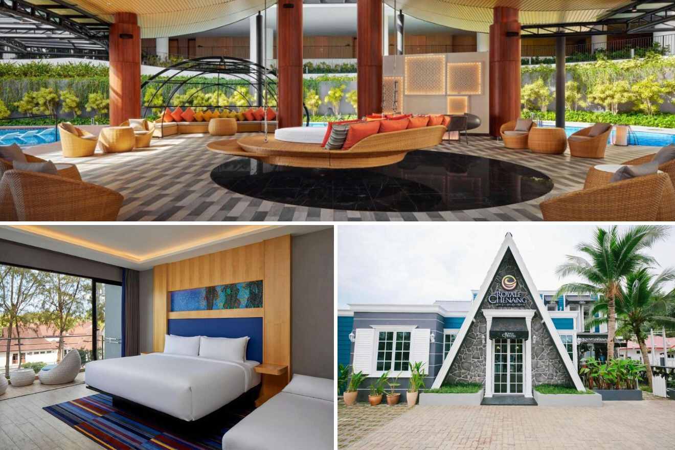 A collage of three hotel photos to stay in Pantai Tengah, Langkawi: a chic poolside lounge with woven furniture and a black and white tiled floor, a sophisticated bedroom with blue artistic wall accents and a plush bed, and the unique pyramid-shaped entrance of a hotel with a welcoming tropical setting.