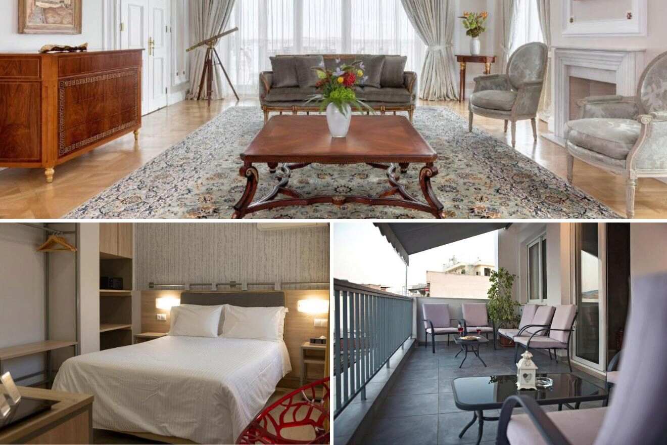 A collage of three hotel photos to stay in Athens: An elegant living room with classic furniture and a grand piano, a simple yet stylish hotel room with contemporary décor, and a balcony with a view of an urban landscape.