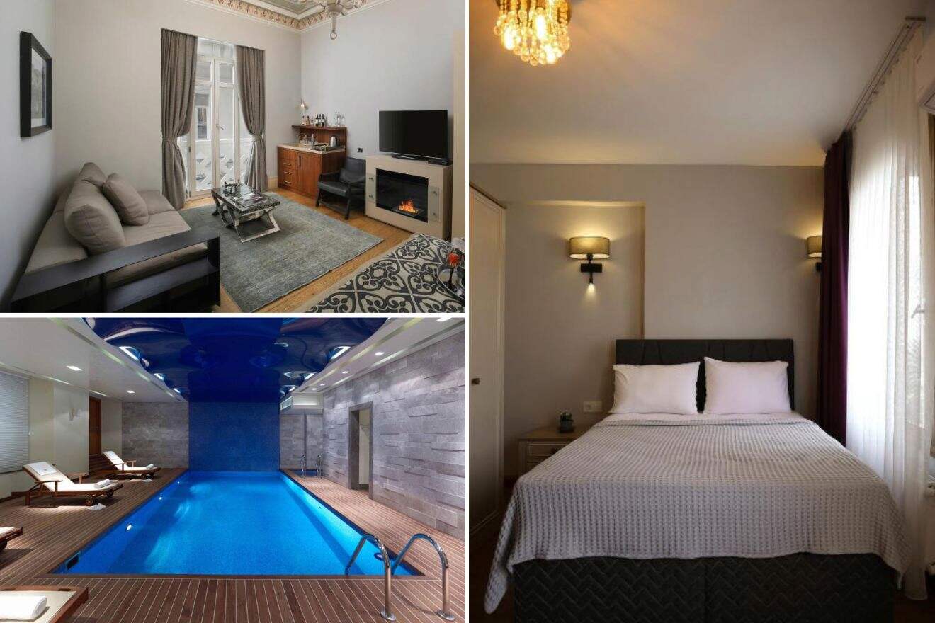 A collage of three hotel photos to stay in Taksim, Istanbul: A spacious living room with a grey couch and fireplace, a well-lit bedroom with a comfortable bed and simple furnishings, and an indoor pool area surrounded by lounge chairs and blue lighting accents.