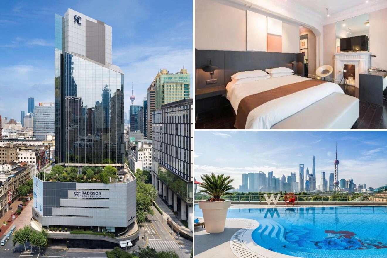 A collage of three hotel photos to stay in The Bund Shanghai: a towering building with a reflective exterior, a classic bedroom with elegant furnishings, and a rooftop pool with an exceptional view of the Shanghai skyline