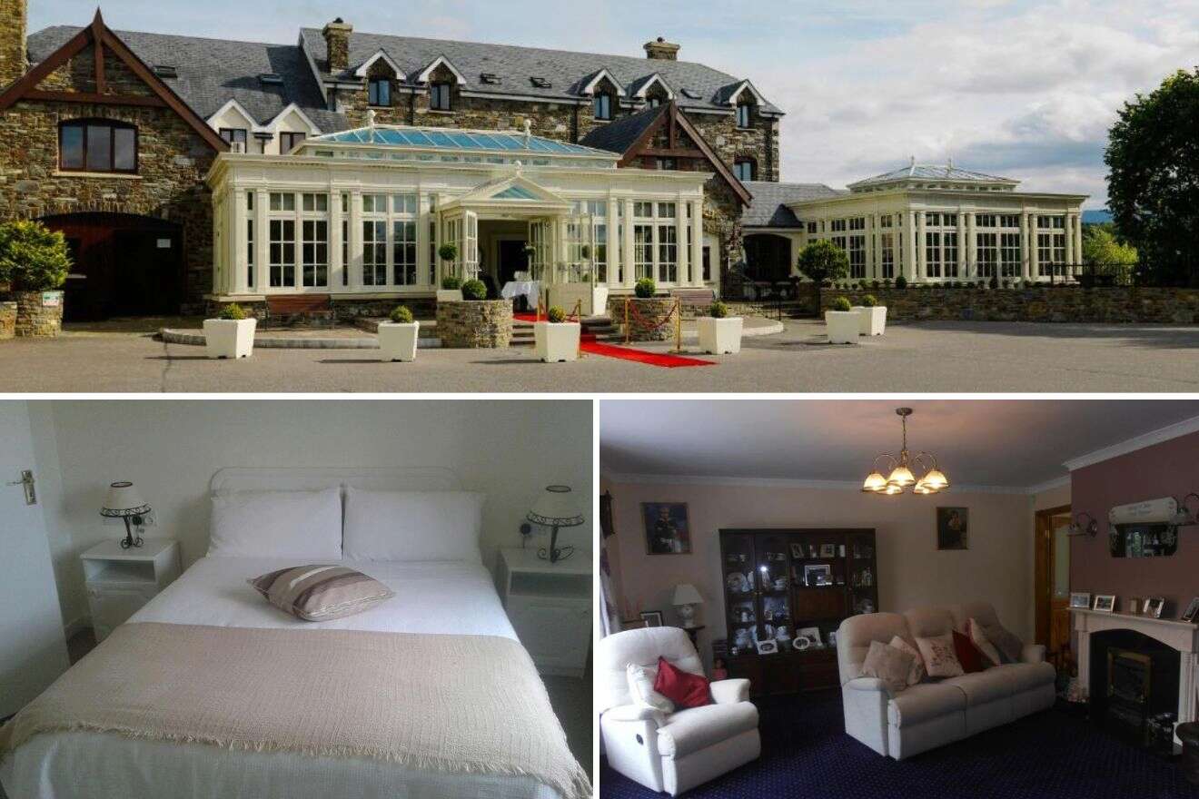 A collage of three hotel photos to stay in Killarney: a stone-front luxury hotel with conservatory, a simple yet elegant bedroom with a white coverlet, and a living room featuring a classic fireplace and comfy seating