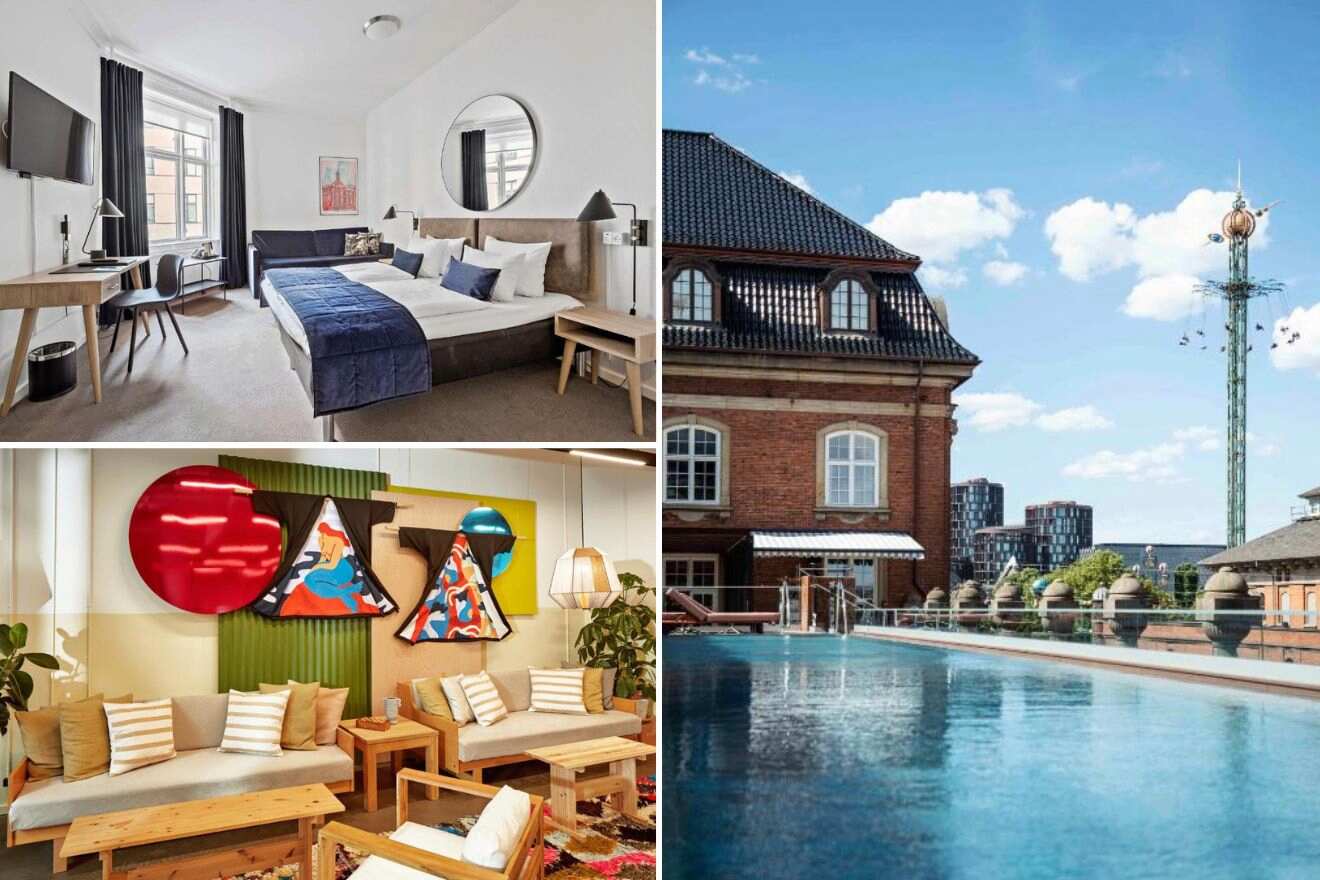 A collage of three hotel photos to stay in Copenhagen: A spacious bedroom with contemporary art and blue bedding, a rooftop pool with a city view and classic architecture, and a casual lounge area with vibrant wall art and comfortable seating.