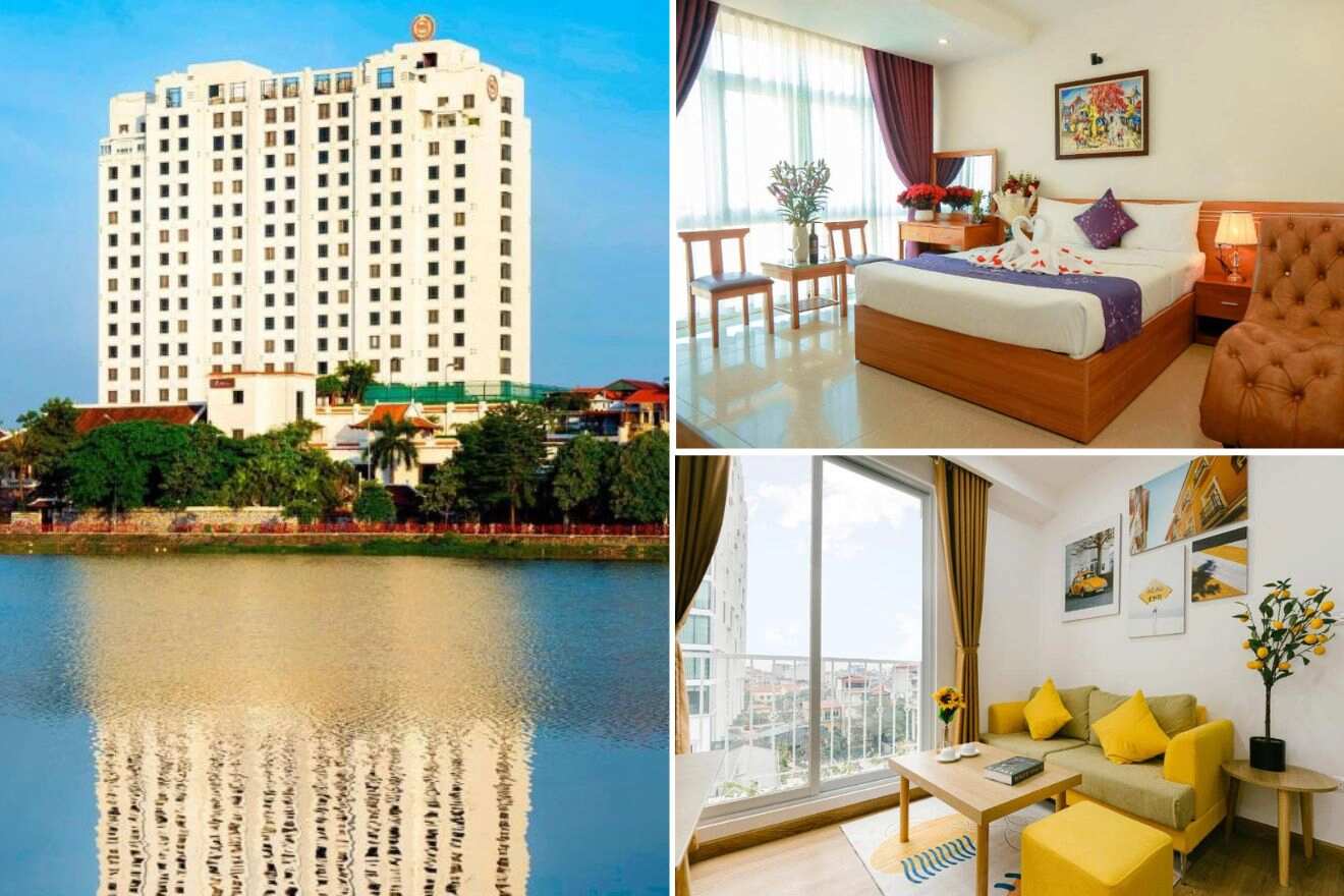 A collage of three hotel photos to stay in Hanoi: a towering white hotel building with its reflection on a calm lake, a bright room with a wooden bed and a colorful painting, along with a simple yet stylish living area with a yellow couch and a city view