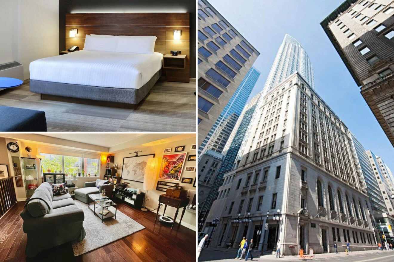 A collage of three hotel photos to stay in Yonge-Dundas Square, Toronto: a stylish bedroom with a large bed and wooden headboard, a cozy living room with eclectic decor and natural light, and the imposing exterior of a classic high-rise hotel building amidst skyscrapers
