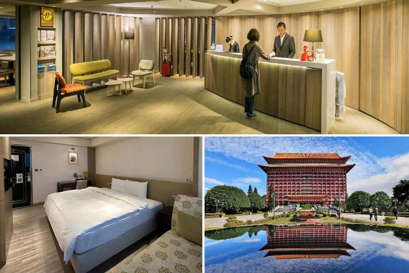 A collage of three hotel photos to stay in Taipei: a stylish lobby with modern furniture and bookshelves, a reception area with a friendly hotel staff member assisting a guest, and an exterior view of a hotel with traditional architecture reflected in a water feature.