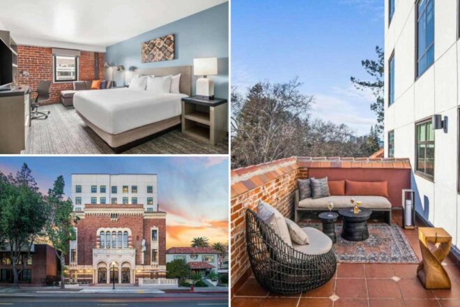 A collage of three hotel photos to stay in Sacramento: a bedroom with exposed brick walls and contemporary decor, the historic exterior of Hyatt House, and a cozy rooftop terrace with a sitting area