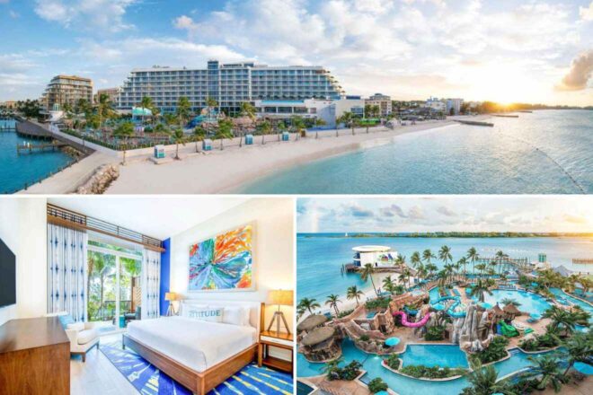 A collage of three hotel photos to stay in Nassau: A sprawling beachfront resort captured at sunrise, a bright room with vibrant artwork and ocean views, and a lively waterpark island surrounded by turquoise waters.