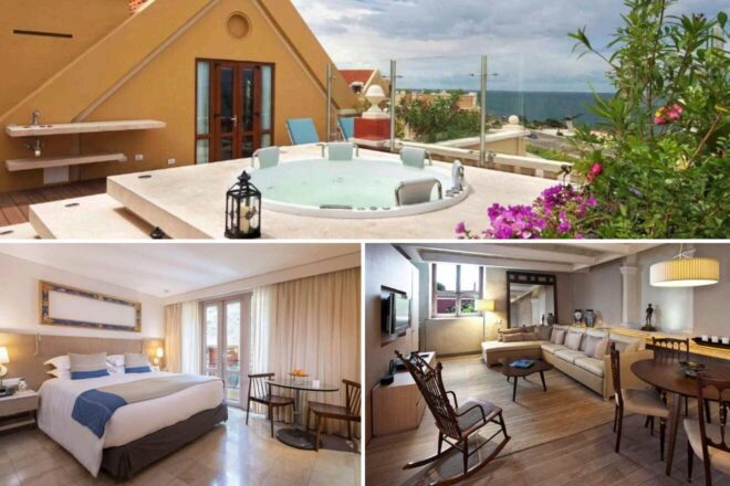 A collage of three hotel photos to stay in Cartagena: a luxurious open-air hot tub with ocean views, a spacious room with classic decor and balcony access, and a grand living space with a combination of modern and rustic elements