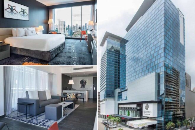 A collage of three hotel photos to stay in Panama City: a spacious hotel bedroom with a large window offering city views and modern decor, a sophisticated living room with contemporary furniture and artistic touches, and a sleek high-rise hotel building with a glass facade and urban surroundings