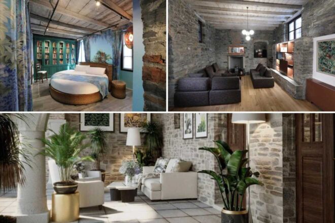A collage of three hotel photos to stay in Lake Como: the interior showcases a mix of classic and modern design with exposed stone walls and contemporary furniture in a living space, a cozy bedroom with artistic decor and a circular bed, and a lush sitting area with greenery enhancing the rustic charm.