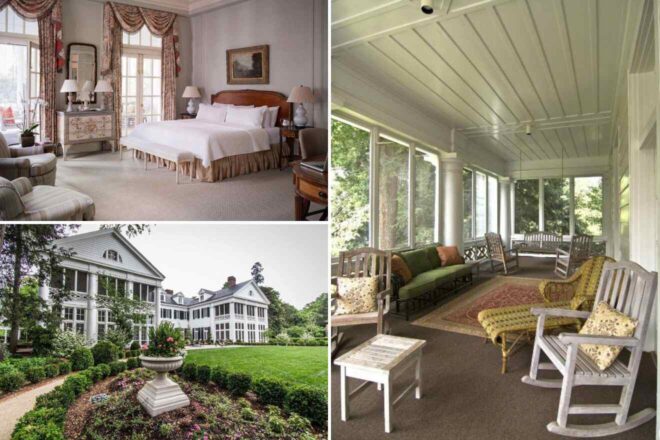 A collage of three hotel photos to stay in Charlotte: an opulent bedroom with draping curtains and a classic design, a white columned porch overlooking lush gardens, and a grand white mansion set against manicured lawns and gardens.