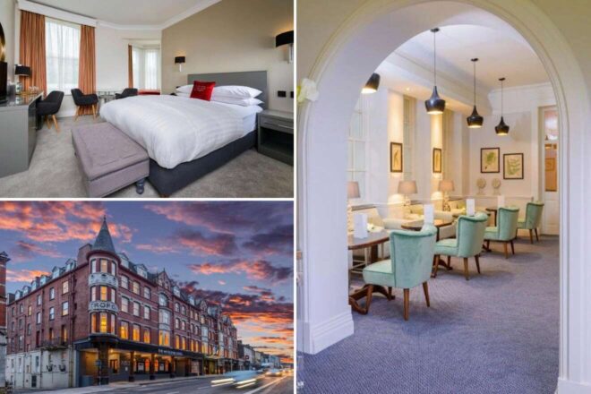 A collage of three hotel photos to stay in Cork, Ireland: a contemporary bedroom with red accent pillows and a view, a breakfast area with arched doorways and teal chairs, and a twilight exterior view of a corner building with a turret.