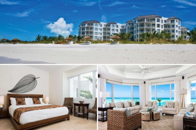 A collage of three hotel photos to stay in Turks and Caicos: an expansive white sand beach with a luxurious beachfront resort in the background, a serene bedroom with a large seashell art piece over the bed, and a sunlit living area with sweeping views of the turquoise sea