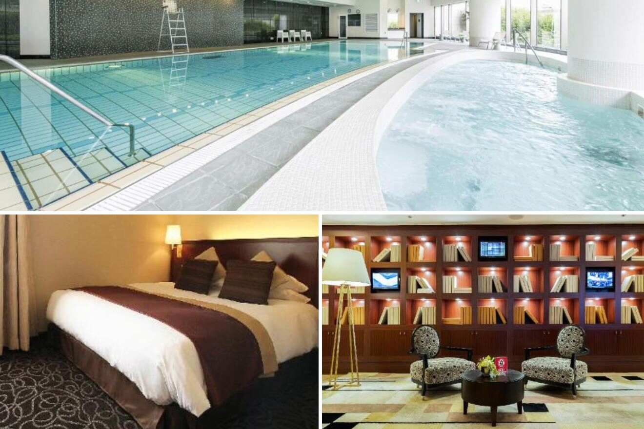 A collage of three hotel photos to stay in Shibuya, Tokyo: A serene outdoor pool area with loungers, a sophisticated bedroom with elegant brown accents, and a stylish hotel lounge with bookshelves and comfortable seating.
