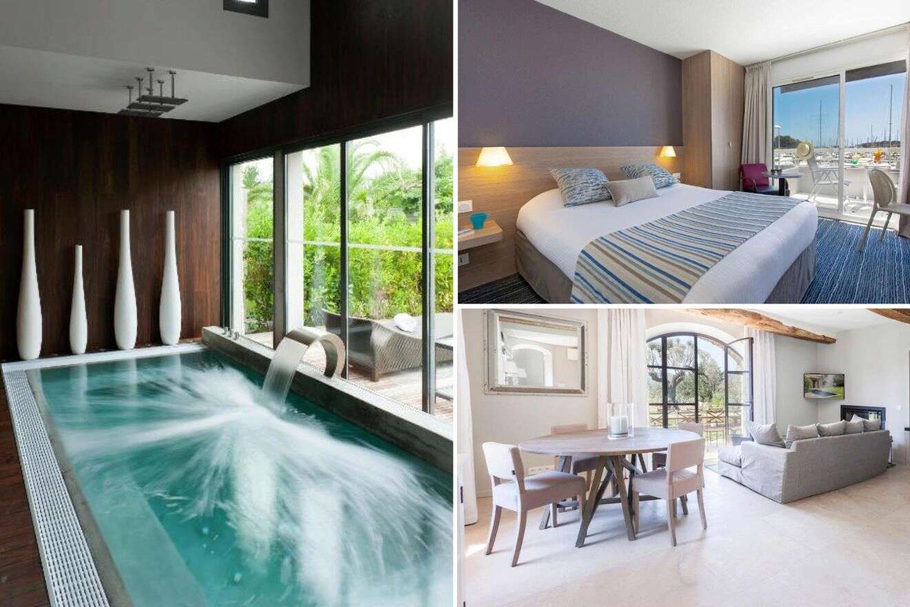 A collage of three hotel photos to stay in St. Tropez: an indoor pool with elegant white vases and floor-to-ceiling windows overlooking greenery, a nautical-themed bedroom with harbor views, and a dining area with rustic elements and contemporary design
