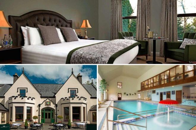 A collage of three hotel photos to stay in Galway: a luxurious bedroom with a large upholstered headboard and elegant decor, a white exterior of a boutique hotel with outdoor seating, and an indoor swimming pool with a glass ceiling and relaxing ambiance.