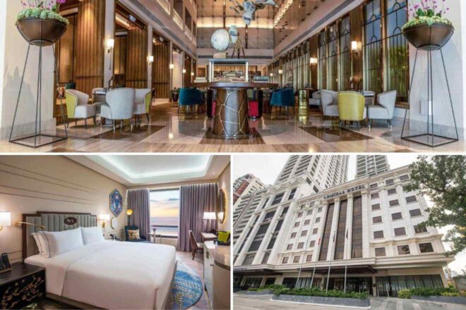 A collage of three hotel photos showcasing family-friendly luxury in Manila: A chic hotel lobby bar with contemporary seating, a spacious bedroom with sunset views, and the classic exterior of a grand hotel entrance.