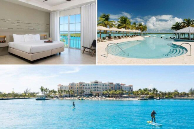 A collage of three hotel photos to stay in Turks and Caicos: a spacious bedroom with wall art of Caribbean islands, a tranquil infinity pool surrounded by palm trees, and paddle boarders enjoying the clear blue waters near a grand beachside resort