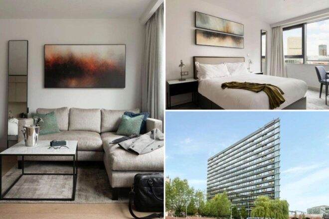 A collage of three hotel photos to stay in Manchester: a minimalist living room with a large abstract painting and modern sofa, a serene bedroom with plush bedding and balcony access, and the exterior of a contemporary hotel building amidst the city backdrop.