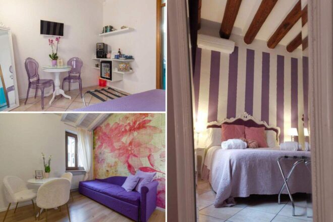 A collage of three hotel photos to stay in Verona: featuring a cozy dining area with modern transparent chairs and a compact kitchenette, a charming bedroom with purple-striped walls and a classic bed frame, and a living space with a vibrant purple couch against a large floral wall art