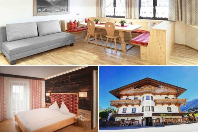 A collage of three hotel photos to stay in Innsbruck: a modern living room with a gray sofa, a wooden dining area with bench seating, and a traditional hotel facade with balconies and ornate detailing.