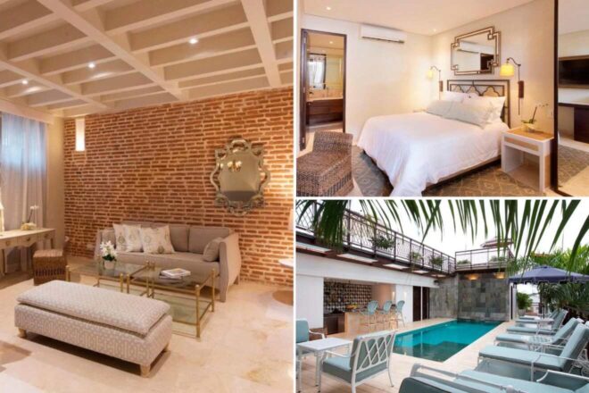 A collage of three hotel photos to stay in Cartagena: a chic lounge with a brick feature wall, a bright bedroom with a mirror reflecting the room's warmth, and a pool area surrounded by lush greenery and lounge chairs