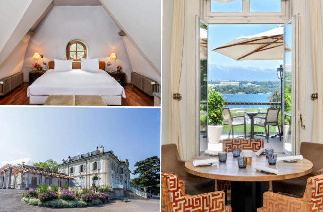 A collage of three hotel photos to stay in Geneva: an attic bedroom with sloped ceilings and a cozy ambiance, a dining area with an open window featuring stunning lake views, and the grand exterior of a historic hotel surrounded by lush gardens.