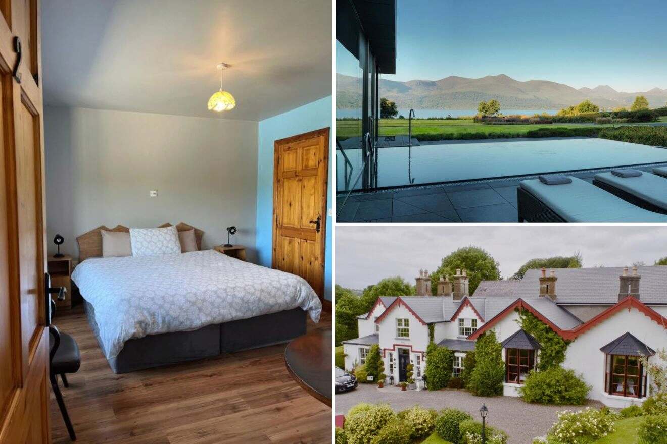A collage of three hotel photos to stay in Killarney: a bedroom with natural wood furnishings and a soft patterned bedspread, a serene outdoor sitting area with a view of the mountains, and a lakeside hotel nestled among lush trees