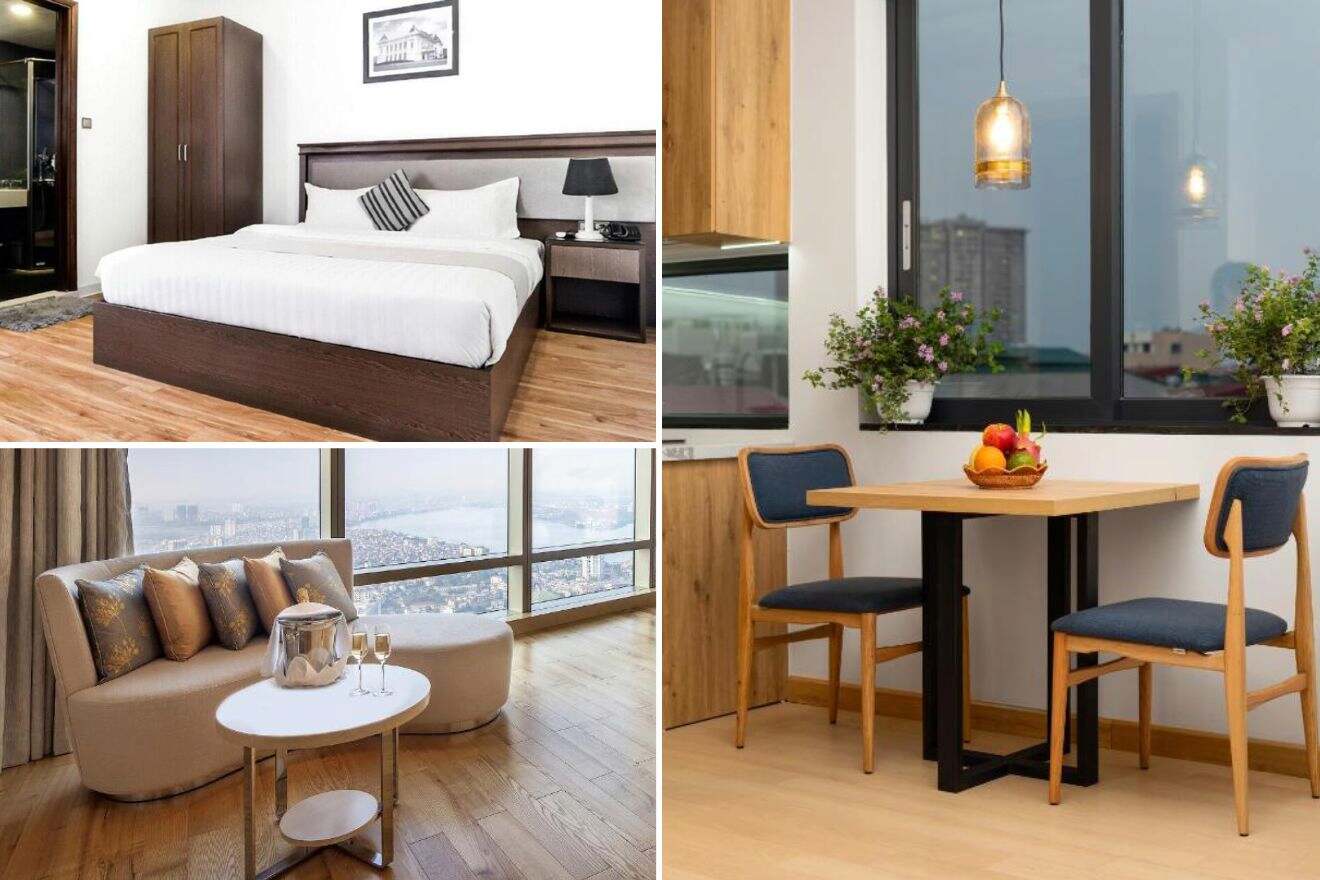 A collage of three hotel photos to stay in Hanoi: a cozy bedroom with a dark wood bed and striped pillows, an inviting sofa and coffee table set in front of a sweeping city view, and a small dining area with modern blue chairs and a fruit bowl
