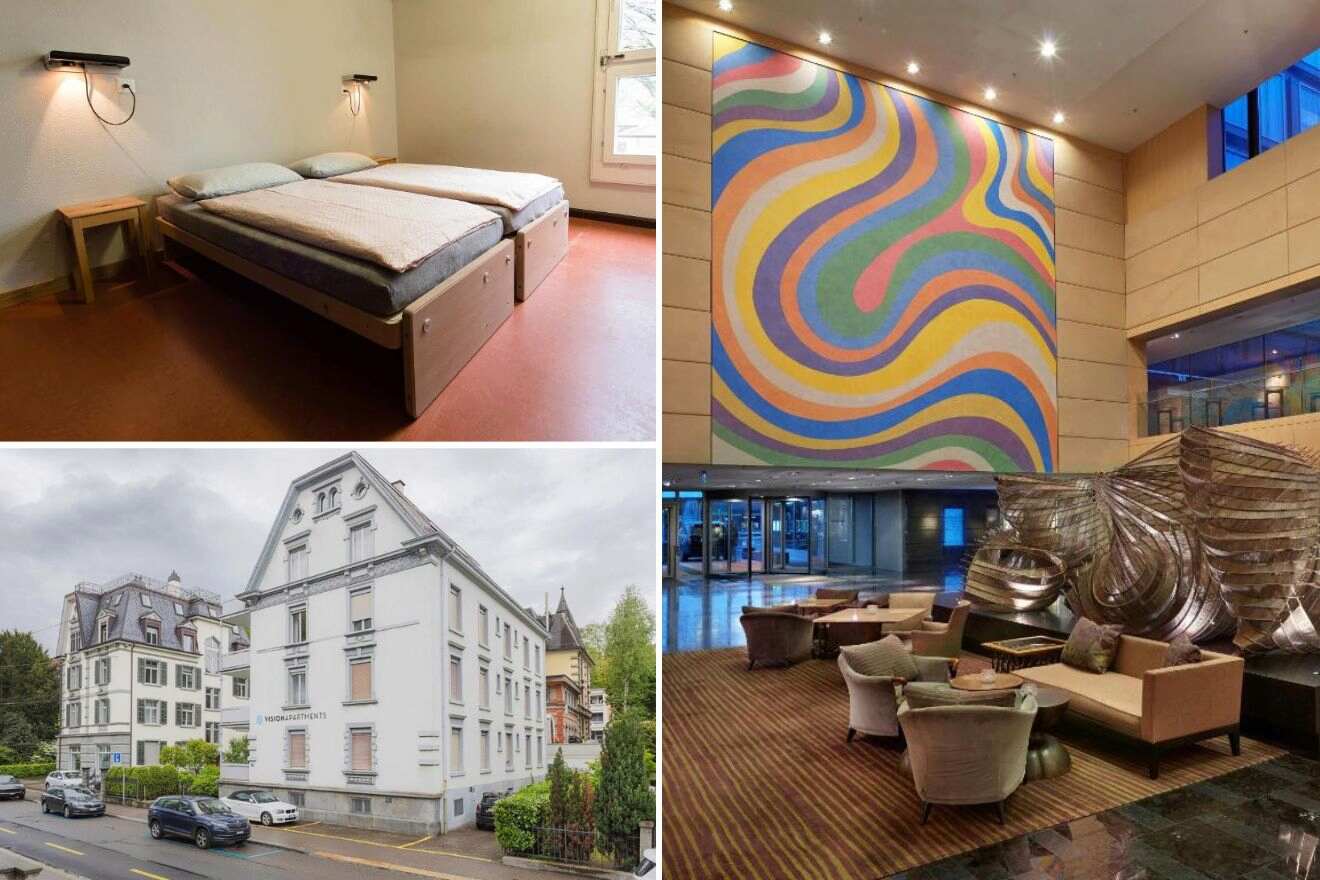 A collage of three hotel photos to stay in Enge Zurich on a budget: a basic room with twin beds and simple decor, a colorful abstract wall art in a spacious lobby, and a grand historic building converted into apartments