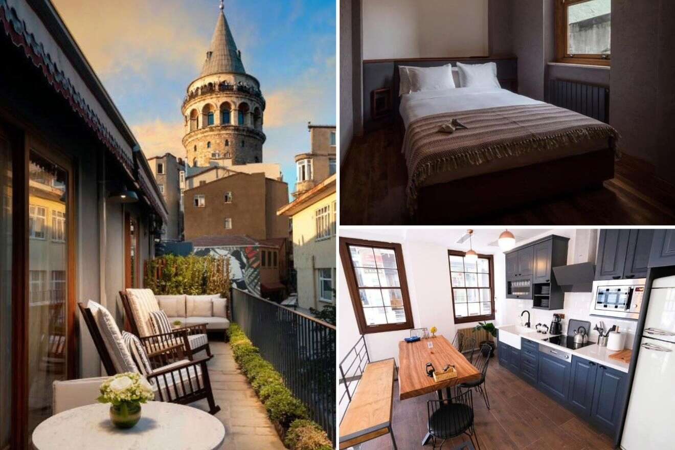 A collage of three hotel photos to stay in Galata, Istanbul: A rooftop terrace overlooking the iconic Galata Tower at dusk, a traditional bedroom with wooden accents, and a modern kitchen with dark cabinetry and dining space.