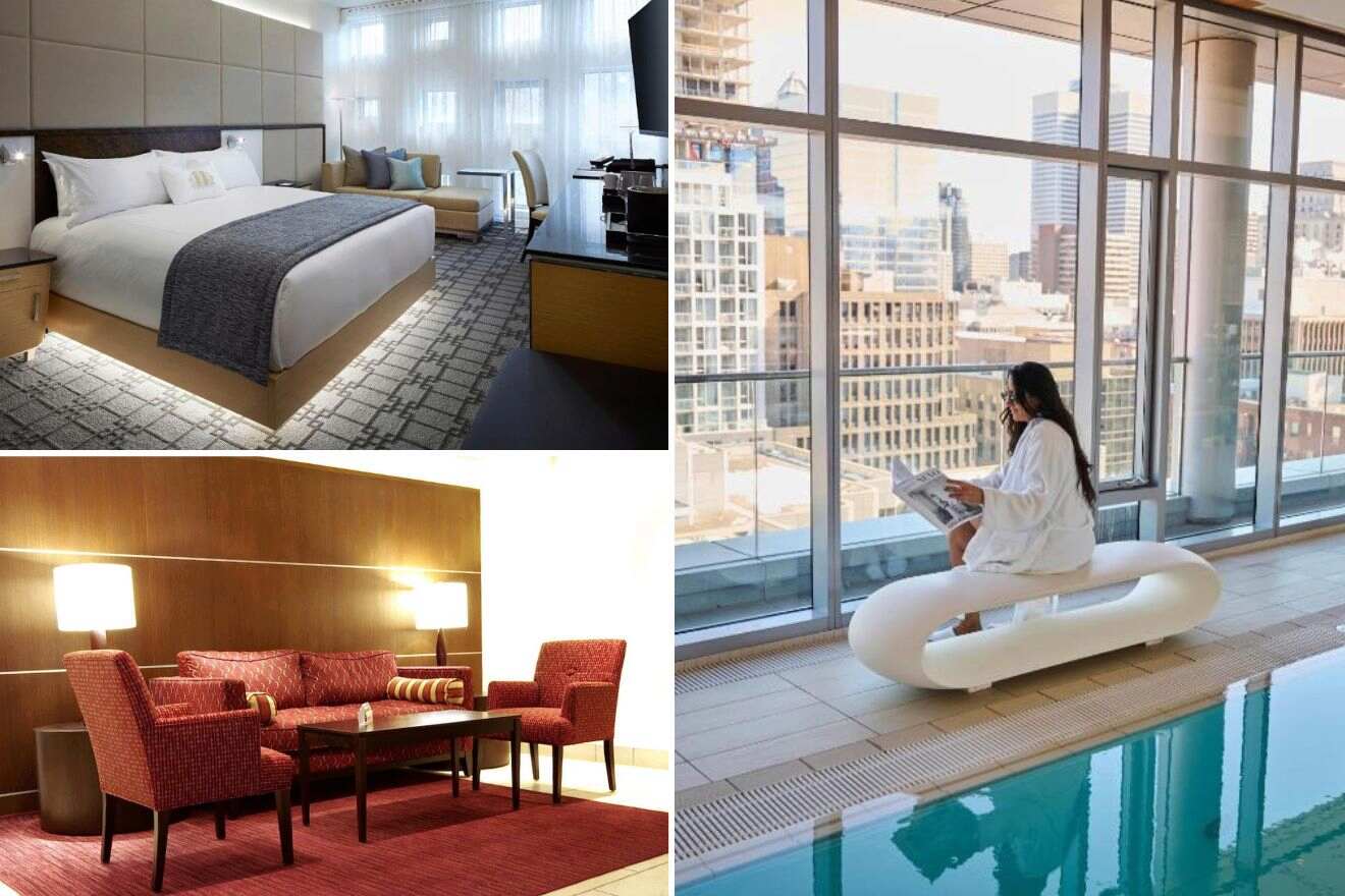 A collage of three hotel photos to stay in Golden Square Mile Montreal, depicting a luxurious bedroom with modern furnishings and city views, a woman reading by a floor-to-ceiling window overlooking skyscrapers next to a pool, and a warm sitting area with red chairs and ambient lighting