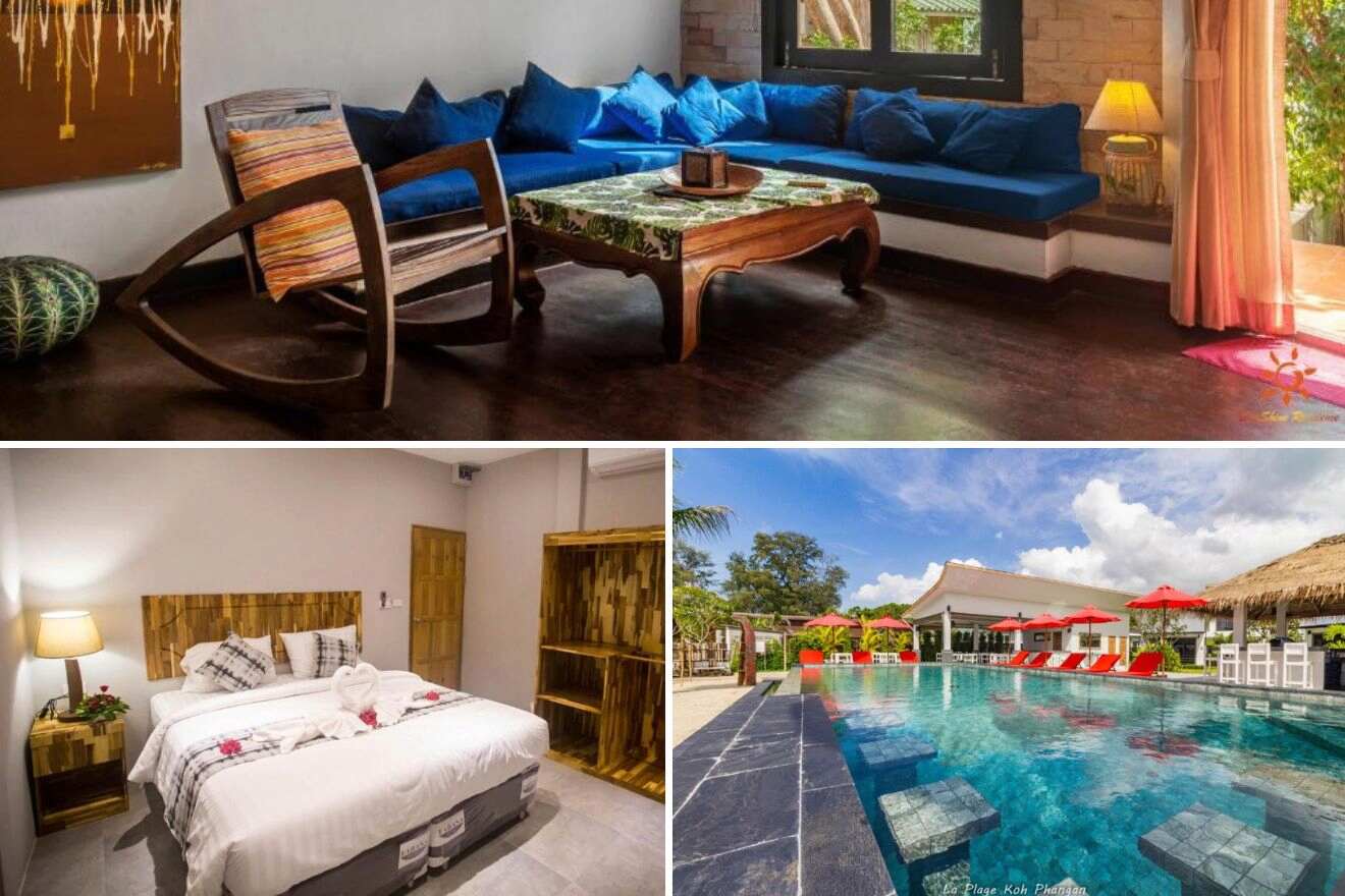A collage of three hotel photos to stay in Haad Baan Tai, Koh Phangan: an inviting lounge with vibrant cushions, a serene bedroom with wooden accents, and a pool area with red umbrellas and a clear blue pool
