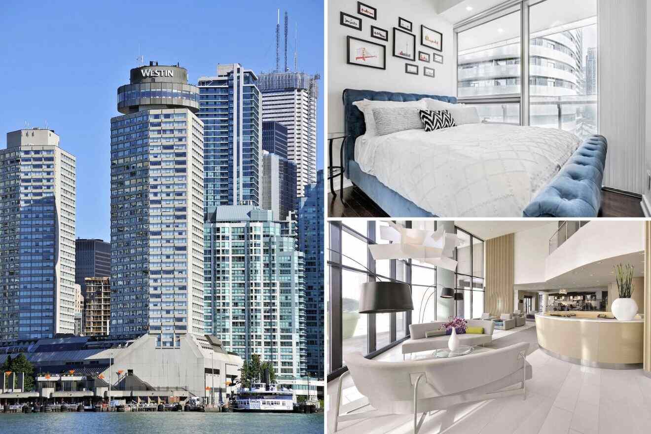 A collage of three hotel photos to stay in Harbourfront & Distillery, Toronto: the Westin's iconic round building towering over neighboring skyscrapers, a bedroom with a blue velvet headboard and city view, and a sleek hotel lobby with modern furniture and curved lines