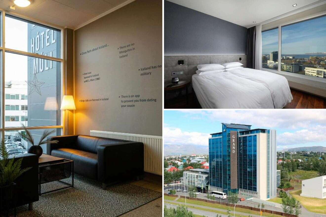 A collage of three hotel photos to stay in Reykjavik: a hotel lobby with amusing facts about Iceland on the wall, a simple bedroom with a large window overlooking the city, and a tall, modern hotel building with a glass facade