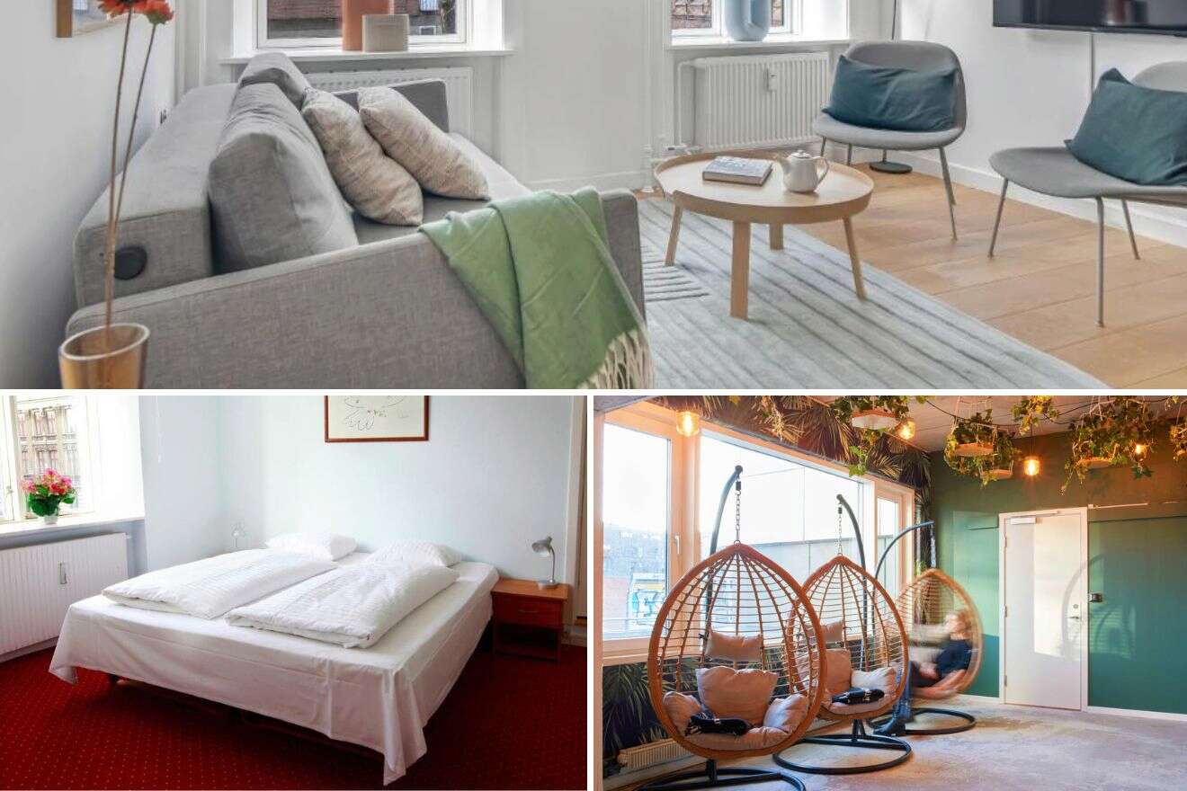 A collage of three hotel photos to stay in Copenhagen: A living room with a plush grey sofa and minimalist décor, a simple white bedroom with red flooring, and a relaxed indoor space with hanging egg chairs and greenery