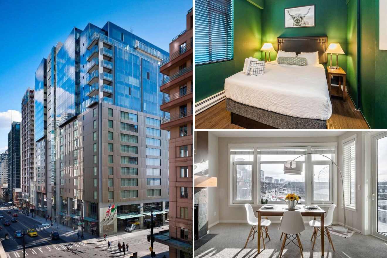 A collage of three hotel photos to stay in Seattle: a modern glass building in an urban setting, a serene bedroom with green walls and a framed picture of a dog, and a bright dining area with a view of the city