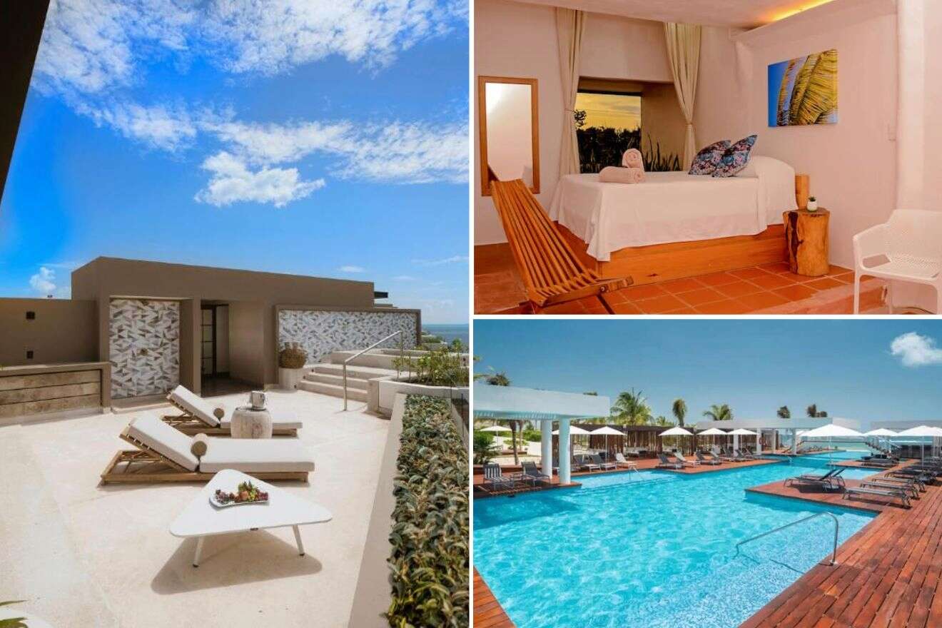 A collage of three hotel photos to stay in Cancun: An elegant rooftop terrace with sun loungers and a striking view of the sky, a cozy massage area with a view of the sunset, and a spacious resort pool with ample lounge chairs under a covered patio by the sea