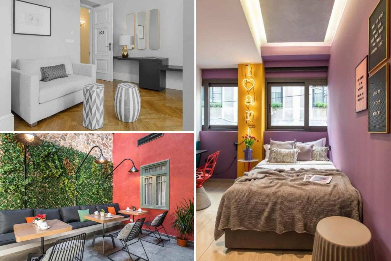 A collage of three hotel photos to stay in Athens: A modern apartment entryway with geometric designs, an outdoor patio with lush greenery and stylish seating, and a vibrant bedroom with colorful accents and a large, cozy bed.