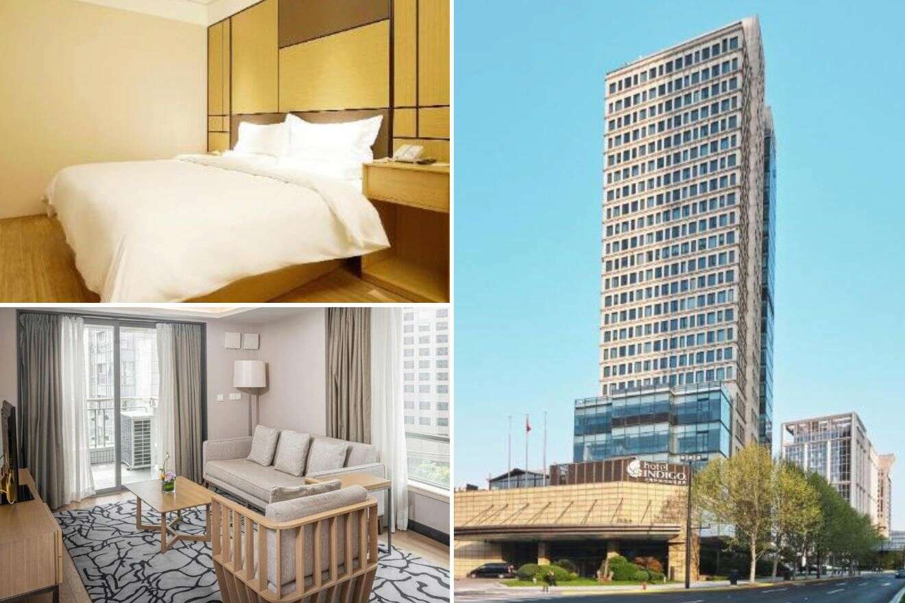 A collage of three hotel photos to stay in Shanghai Old Town: a simplistic bedroom with a golden hue, a comfortable living area with contemporary decor, and the facade of a Hotel Indigo with a classic design