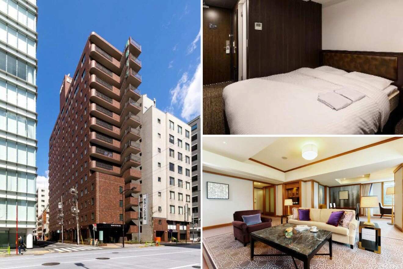 A collage of three hotel photos to stay in the Tokyo Station (Marunouchi Area): The angular architecture of a tall hotel building, a luxurious suite with classic furnishings, and a bedroom with a simple, neat setting