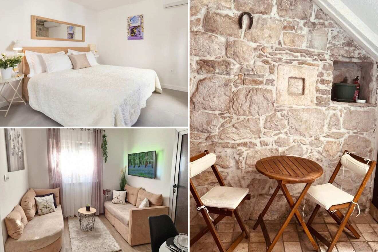 A collage of three hotel photos to stay in Split: A charming bedroom with a white bedspread and rustic stone walls, a small yet inviting living room with two sofas and a coffee table, and a cozy outdoor seating area with wooden chairs and table and a stone wall