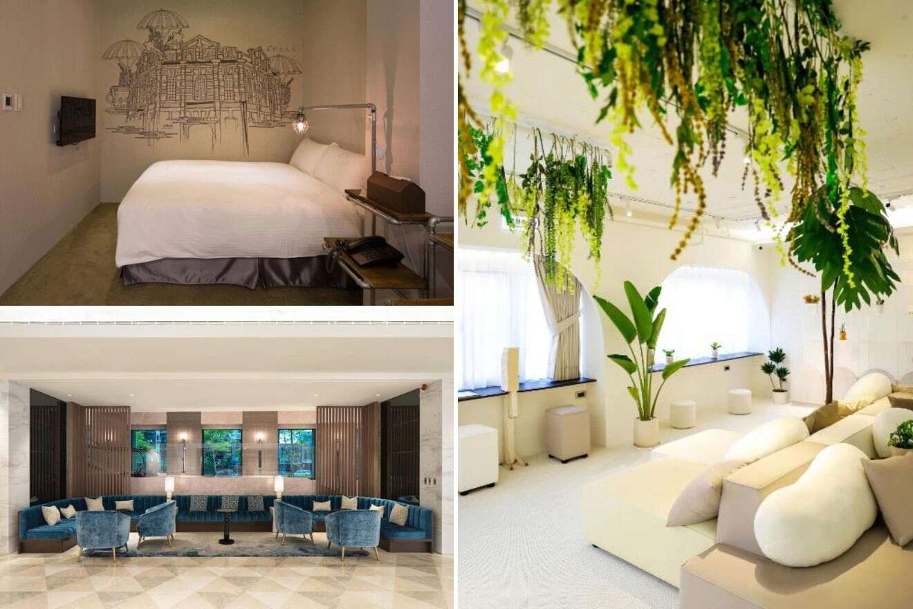 A collage of three hotel photos to stay in Taipei: a hotel room with artistic wall murals and vintage-inspired lighting, an airy room with hanging greenery and minimalist decor, and a chic hotel bar with luxurious blue velvet seating and marble accents.