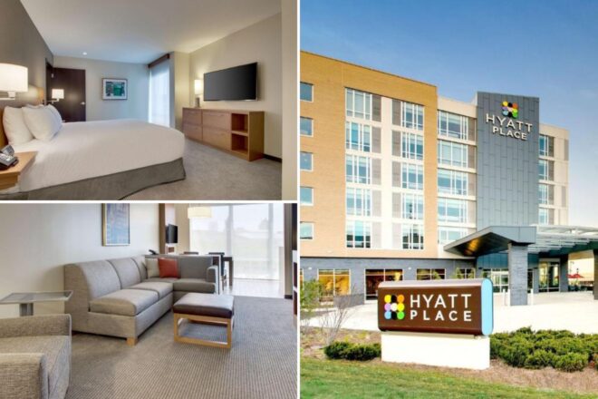 A collage of three hotel photos to stay in Milwaukee: a simplistic yet comfortable bedroom with neutral tones, a relaxing suite with a sectional sofa and large windows, and the welcoming exterior of the Hyatt Place with its contemporary design.
