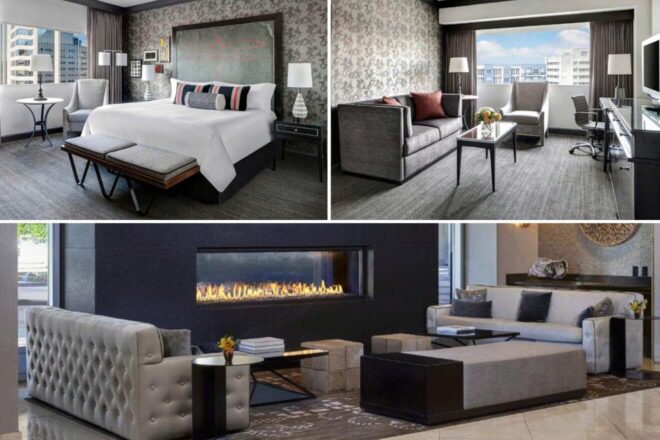 A collage of three hotel photos for a stay in Nashville: a room with a large bed and abstract headboard art, an office-like setting with a desk and a city view, and a modern living area with a tufted sofa and a sleek fireplace