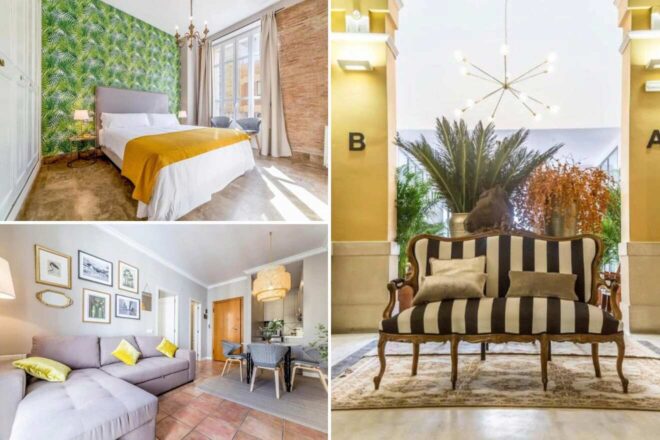A collage of three hotel photos to stay in Valencia: a cozy bedroom with a vibrant green palm leaf wallpaper and a mustard accent throw, a bright hotel lobby with tall potted plants and a striped classic armchair, and a living area with a grey sofa, framed wall art, and a dining table set for two.