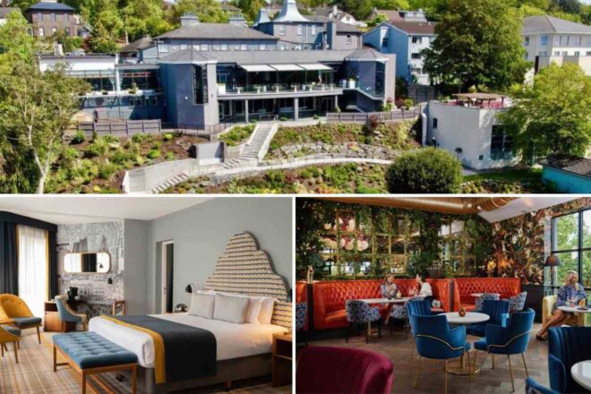 A collage of three hotel photos to stay in Cork, Ireland: an exterior view of a modern hotel with terraced landscaping, a stylish bedroom with an Egyptian theme and blue accents, and an indoor restaurant with a vibrant botanical wallpaper and eclectic furniture.