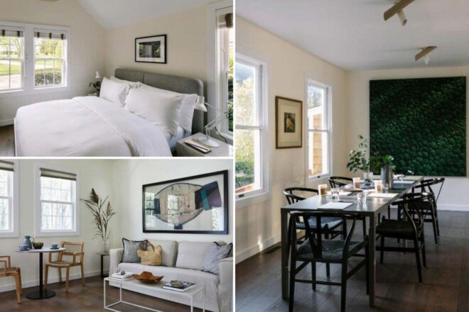 A collage of three hotel photos to stay in The Hamptons: an inviting bedroom with soft gray tones and window views of lush greenery, a modern dining area with simple, chic table settings, and a cozy sitting area with contemporary art and comfortable cushions.